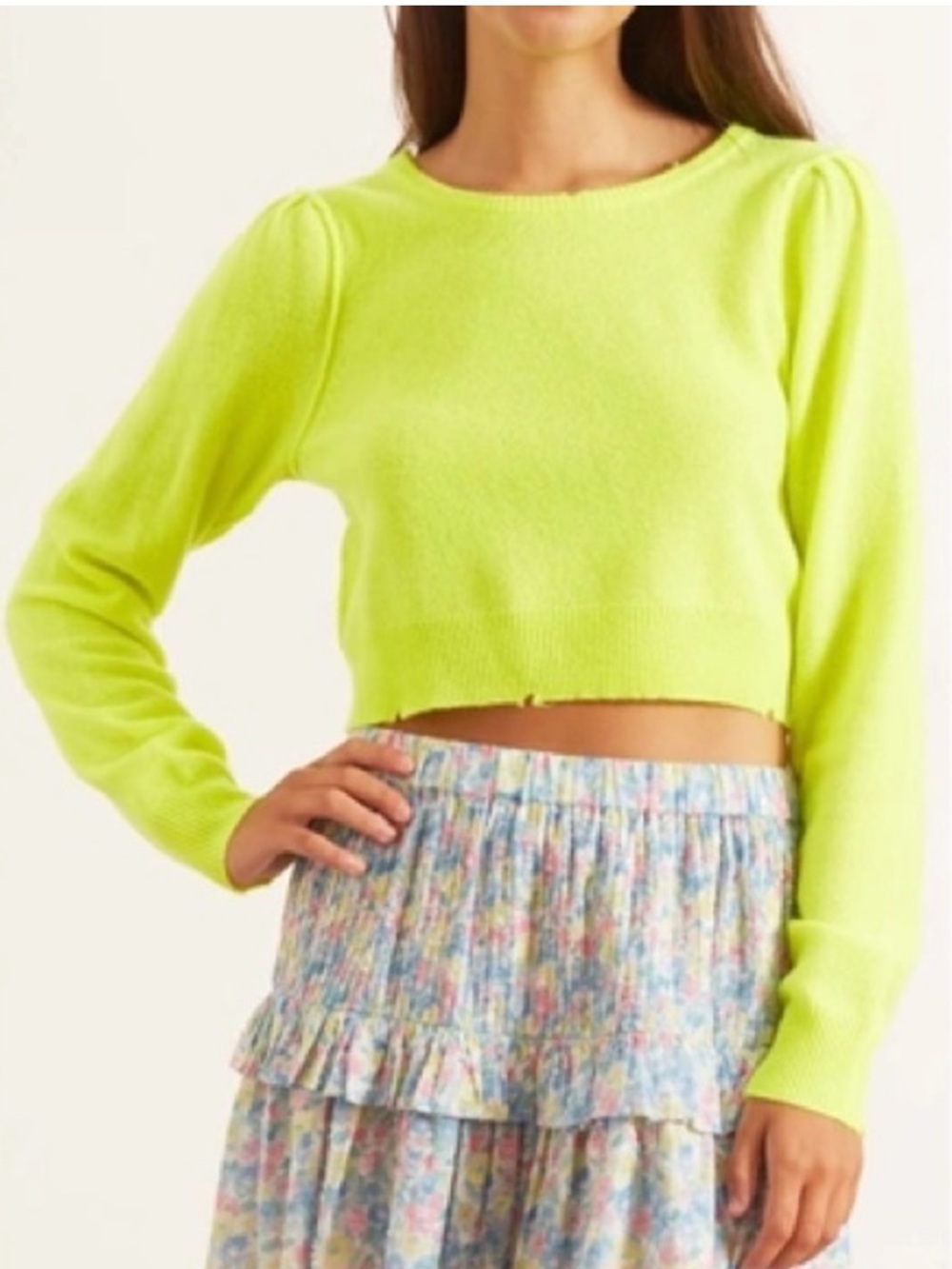 LoveShackFancy Lune Wool Cashmere Crop Pullover Sweater Neon Yellow S